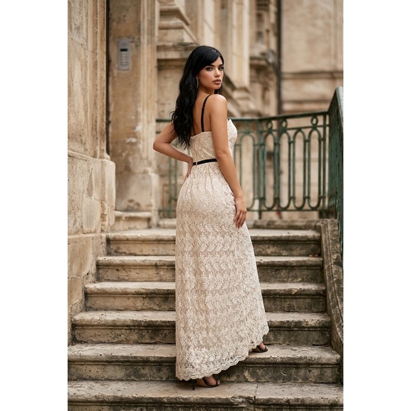 NWT ABS Allen Schwartz $659.00 boho metallic thread lace overlay full length - Picture 2 of 14